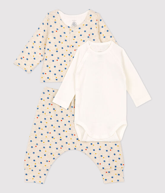 Dreiteiliges Baby-Set aus Wolle/Bio-Baumwolle mit Sternenmuster für Mädchen beige MONTELIMAR/weiss MULTICO